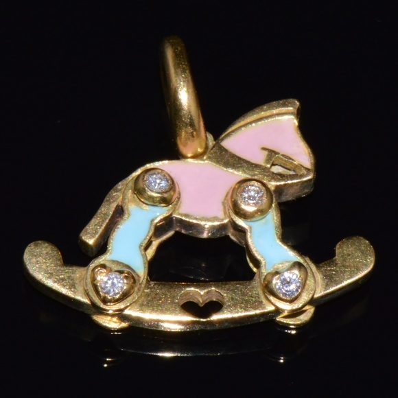DESIGNER AARON BASHA NATURAL DIAMOND & ENAMEL SOLID 18K GOLD ROCKING HORSE CHARM - Picture 1 of 11
